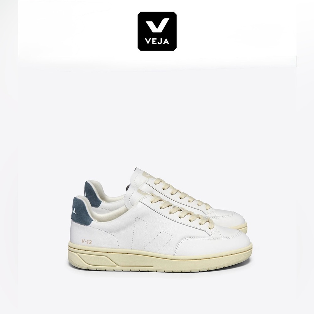 Veja V-12 White Sneakers with Cream Sole and Gray Heel Tab